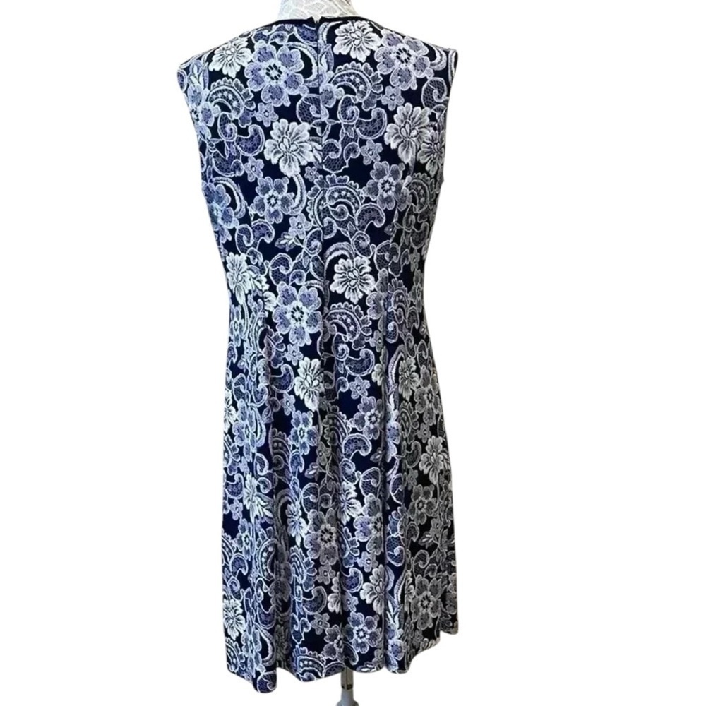 Navy & White Floral Lace Print Sleeveless A-Line Dress - Picture 8 of 8